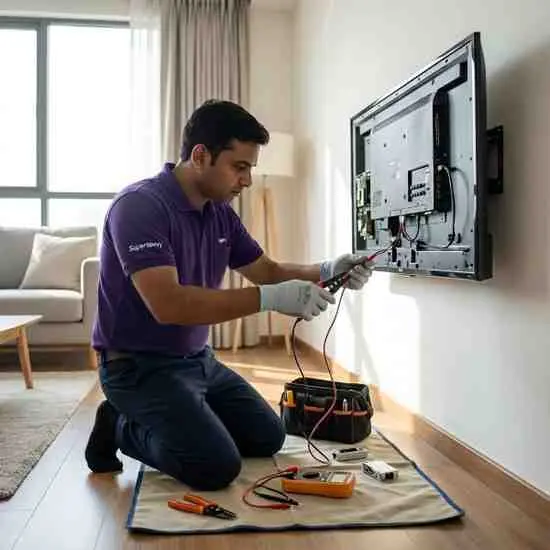 Home service technician fixing a Haier LED television efficiently